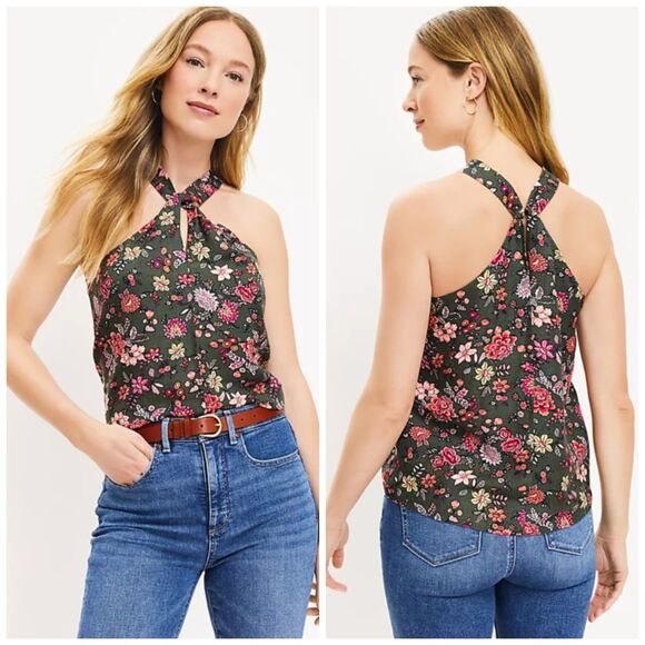 LOFT Summery Boho Cottage Floral Linen-Blend Halter Tank in Fresh Thyme Size XS - Picture 1 of 8